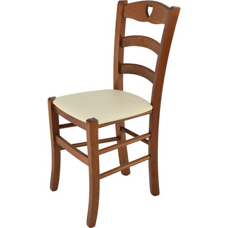 Tommychairs - Sedia modello Cuore per cucina bar e sala da pranzo, robusta struttura in Legno di faggio color noce chiaro e seduta rivestita in pelle artificiale color avorio (1/5)