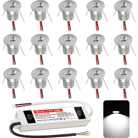 Spot LED Encastrable 12V 1W, Mini Spot Led IP65 Blanc Froid,spot salle de bain Trou Φ15-18mm,Spots de plafond pour Cuisine,Salon,Carport,Escalier,Couloir, Lot de 15 (Argenté Blanc Froid 6000k) (1/5)