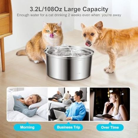 Fontaine à eau Pawira pour chats, ultra silencieuse, bol en acier inoxydable (argenté, 3,2 L - avec 10 éléments filtrants)
