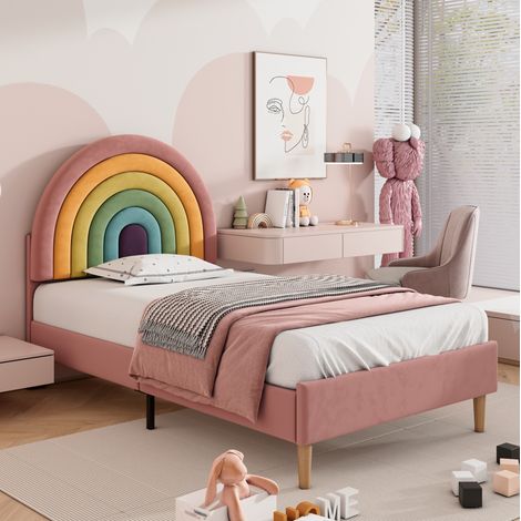 Polsterbett 90/200 cm rosa aus Samt mit höhenverstellbarem Regenbogen-Kopfteil (1/5)
