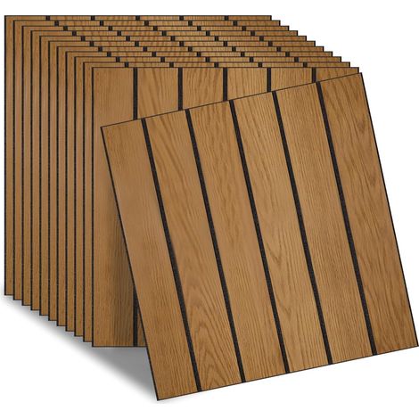 Panneaux Muraux Bois Autocollants 30×30cm,panneau acoustique bois Panneaux Décoratifs PVC Insonorisés, Panneaux Muraux Auto-adhésifs Faciles à Poser pour Salon Lot de 12 (Brun foncé) (1/5)