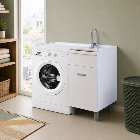 Mobile porta lavatrice 106x60 cm bianco opaco con vasca a destra e asse lavapanni incluso Medea (1/5)