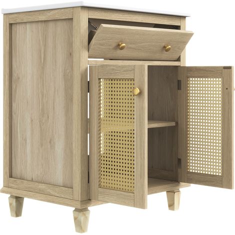 61 cm Badmöbel mit Keramikwaschbecken, Klappschublade und Rattan-Türen (1/5)