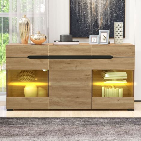 Sideboard Schrank Aufbewahrung Eiche LED 140 cm OKMYHOME (1/5)
