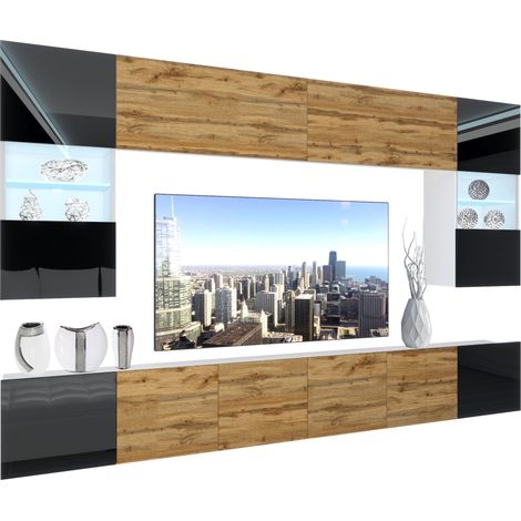 BELINI - Unité Murale TV NEX I Ensemble Muebles de Salon Complet I Ensemble Meuble TV avec Illumination LED I Dimensions: 300 x 180 x 36 cm I Coleur: Noir très Brillant/chêne wotan 2