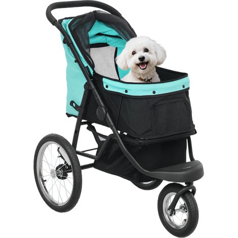 Poussette pour petits chiens et chats, avec panier de rangement, pliage en un clic, turquoise