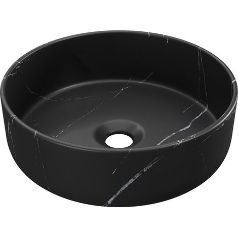 Vente-Unique – Vasque à poser ronde noire effet marbre en céramique – 36 cm de diamètre – Finition brillante – Pour salle de bain moderne