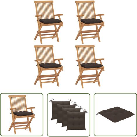 The Living Store Chaises de jardin et coussins taupe lot de 4 Bois teck massif - Chaise De Jardin - Fauteuil De Jardin - Mobilier De Jardin - Set De Chaises De Jardin - Terrasse (1/5)