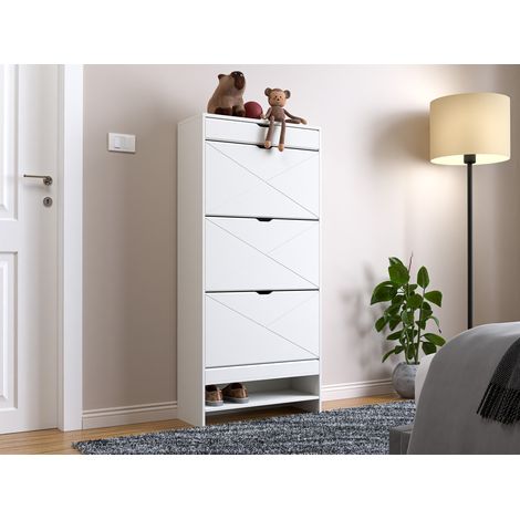 Zapatero con 3 puertas abatibles y cajón superior, con capacidad para 18-24 pares, de MDF blanco (1/5)