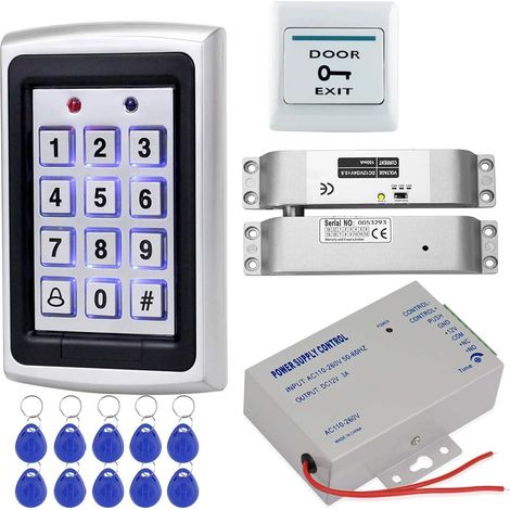 1 Kit Contrôle d'accès RFID, Clavier Métal, Serrure Électrique, Alimentation 12V, Bouton Sortie, 10 Keyfobs pour Porte