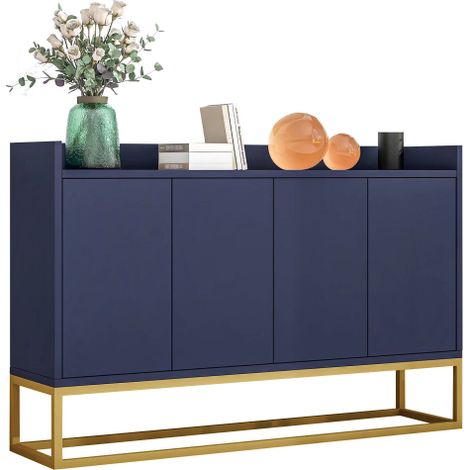 Buffet moderne et minimaliste à 4 portes sans poignées, idéal pour la salle à manger, le salon et la cuisine (bleu marine). (1/5)