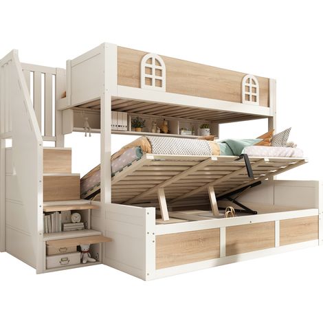 Lit superposé enfant 90x200 et 140x200 cm avec lit inférieur hydraulique, escalier-rangement et barrières de sécurité, blanc et bois clair CHICFURN (1/5)