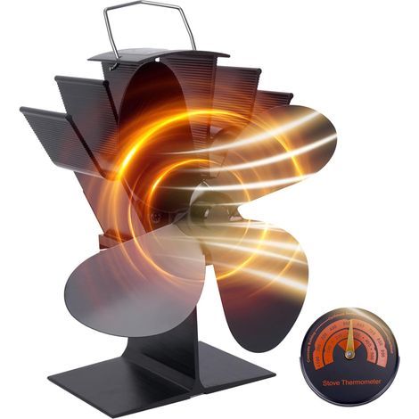 Ventilatore per stufa a legna, 4 pale, azionato dal calore, ventilatore per bruciatore del camino con termometro, ventilatore a energia termica, ventilatore silenzioso ed ecologico (1/5)