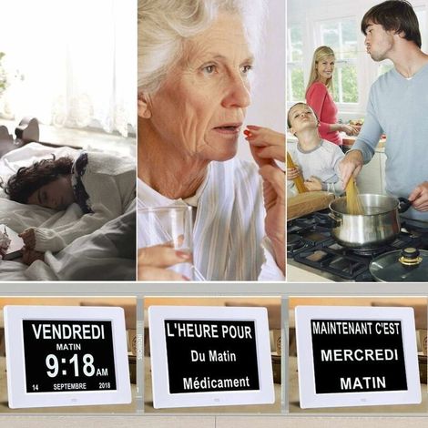 Horloge calendrier numérique LCD 7 pouces – Affichage gros caractères blanc sur fond noir – Modes 12/24 heures – Pour personnes âgées (1/4)