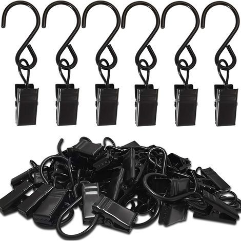 Pinces à rideaux en acier inoxydable en forme de S, lot de 50 supports de guirlande lumineuse à suspendre, 6 cm de long, noir. (1/5)