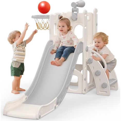 Children's Slide, 5 in 1 Indoor Outdoor Slide, Children's Playground with Basketball Basket, Storage and Telescope, Children's Playground for Ages 1 Years, Grey (1/5)