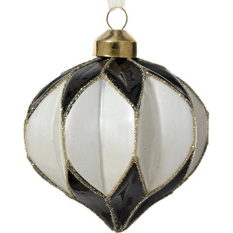 Kaemingk – Boule de Noël à facettes, forme oignon noire et blanche, paillettes dorées – Verre, Ø 8 cm