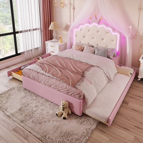 Kinderbett 140x200 cm Rosa aus PU mit Ausziehbett, LED-Beleuchtung und 2 Schubladen (1/5)