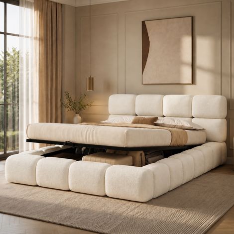 Cama tapizada 180x200 cm, con almacenaje hidráulico, cabecero acolchado, tejido bouclé blanco (1/5)