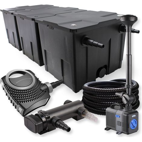SunSun Kit complet: CBF-350C Filtre de bassin jusqu'à 90000 L, CTF-8000 pompe de filtration 8000l/h 70W, CUV-318 lampe uv 18W, 25m Tuyau 25 mm, CTP-2803 fontaine 3000l/h 10W