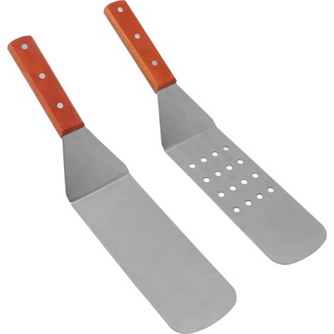 Flacher Grillwender aus Edelstahl mit Holzgriff und ergonomischer Griffmulde für bequemen Halt. Hitzebeständig, leicht zu reinigen und langlebig. Grillzubehör. Runder und geschlitzter Rundwender. (1/4)