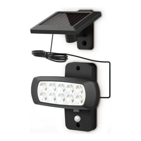 Lampe solaire LED extérieur IP44, détecteur de mouvements PIR, projecteur mural maison terrasse balcon noir, protégé contre des éclaboussures, lumière blanche froide 6500K