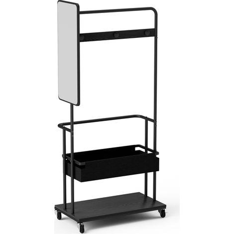 Perchero metálico negro con ruedas, 3 en 1 con espejo y cesta, 70 x 40 x 170 cm (1/5)