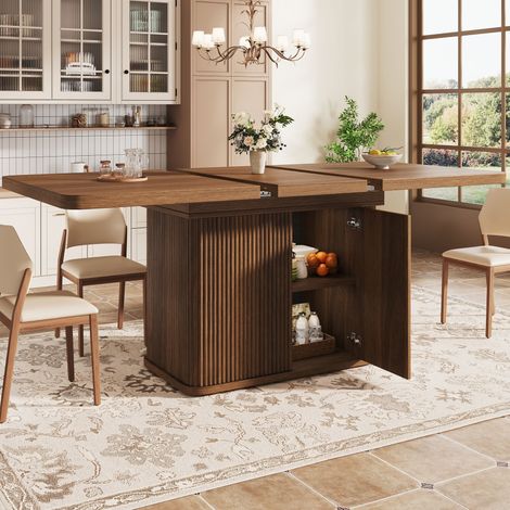 DESMIU Table à Manger Extensible avec Rangement Caché et Plateau Rabattable pour Salle à Manger, MDF et Métal, Marron