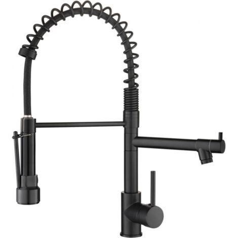 Kitchen sink faucet with pull-down sprayer, contemporary single-handle stainless steel kitchen faucet with spring, dual-outlet with black mounting plate (1/5)