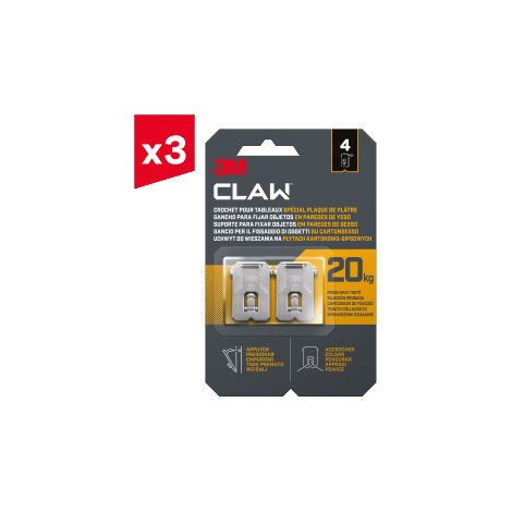 Lot de 3 crochets pour tableaux spécial plaque de plâtre 3M CLAW™ 20 kg, 4 crochets (1/3)