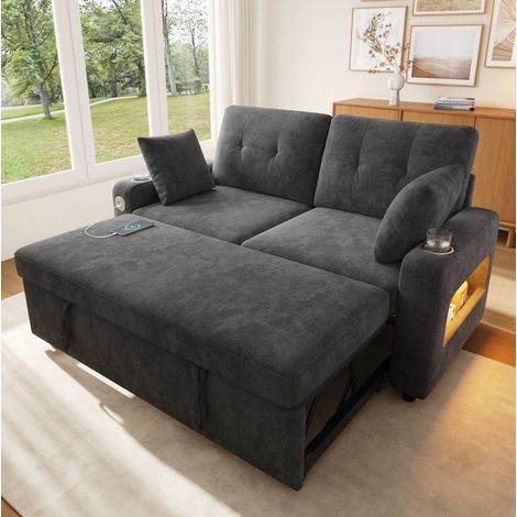 Divano letto 2 posti 141,5/131/83,5 cm grigio con LED, USB/Type-C e vani portaoggetti (1/5)