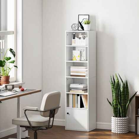 Librería de 5 Niveles Estantería para Libros Moderna con Estantes Abiertos y Puerta 40x30x156 cm Blanco (1/5)