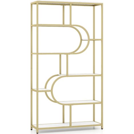 Librería de 8 niveles 95 x 30 x 175 cm con un moderno diseño en forma de U para salón y oficina en metal blanco y dorado 200017048