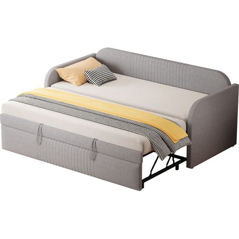 Canapé-lit extensible 90/190 à 180/190 cm, revêtement lin gris clair, dossier à rayures verticales, sommier à lattes, 300 kg – CHICFURN (1/5)