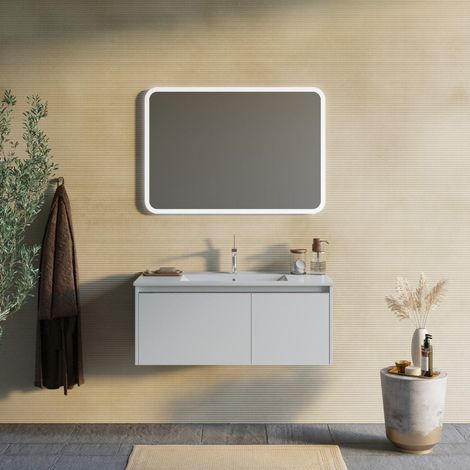 Mobile Bagno Sospeso 100Cm Bianco Opaco Specchiera Led 100X70 Monaco