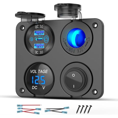 Prise USB 12 volts Accessoire RV Panneau de commutation marine 12V, Chargeur aluminium à double port USB PD30W et QC18W, Prise allume-cigarette 150W, Voltmètre bleu et interrupteur à bascule (1/5)