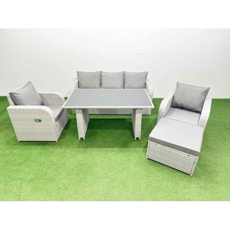 Fimous Outdoor Rattan Garden Furniture Dining Set 6-seater Patio Rectangular Table 3 Seater Sofa Reclining Chair Set with Big Stool (1/4)