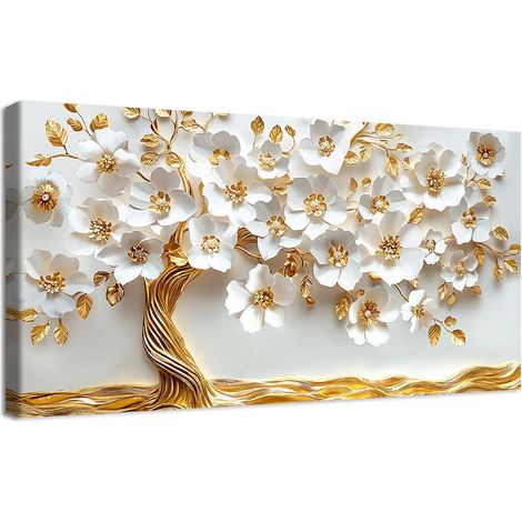 Blanc Fleur Dorée Impression sur Toile Cadre en bois Tableau Affiche Decoration Murale Arbre de Vie à feuilles d'or Peinture Image sur Toile Tableau Decoration Murale Salon Chambre Hôtel 50x100cm (1/5)