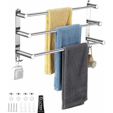 Porte Serviette Murale 3 Barres Porte-Serviettes Telescopique 43-75cm Porte Serviette en Acier Inoxydable Support Serviette Salle de Bain avec Crochets - 2 Méthodes d'Installation - Argent (1/5)