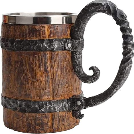 Chopine à bière style viking en forme de tonneau de bois - Grande chope à double paroi en acier inoxydable avec anse - Cadeau antique pour homme, idéal pour un bar ou un restaurant - Décoration Renais (1/5)