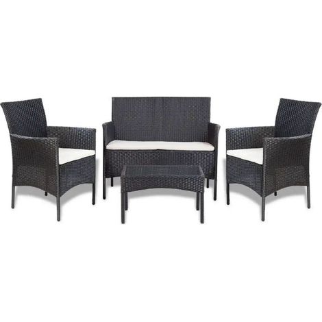 Salon de jardin 4 pièces résine tressée noir coussins blanc Mik (1/5)