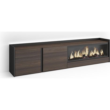 Skraut Home - Meuble TV, Banc Télé, Grand espace de Rangement, 212x35x50cm, Pour les TV jusqu'à 80", Cheminée électrique XXL, LED, Style moderne, Chêne foncé et Noir (1/5)