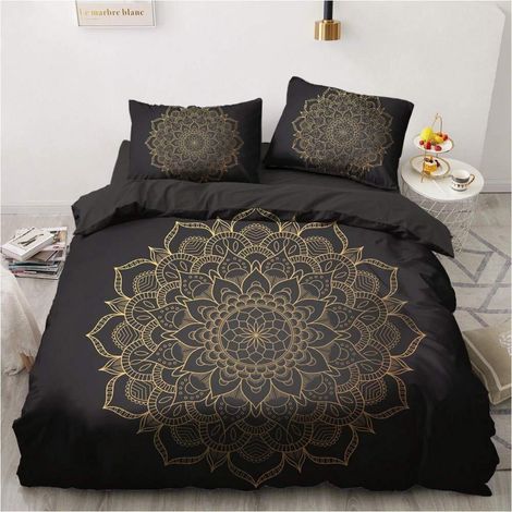 Bettwäsche Set 200x200cm Schwarz Gold Mandala Boho Mikrofaser mit Reißverschluss