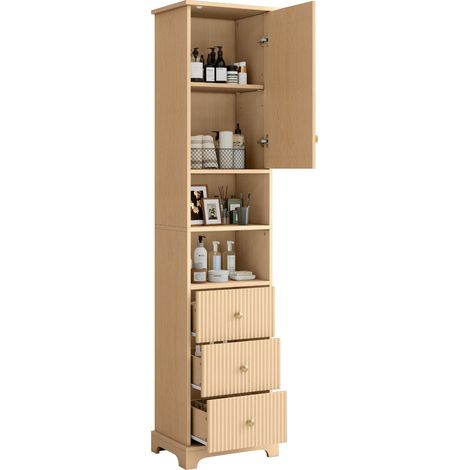 Meuble de salle de bains colonne 40 x 30 x 172 cm en MDF, 3 tiroirs, porte, 2 niches ouvertes, étagère réglable, finition bois clair, poignées dorées – CHICFURN (1/5)