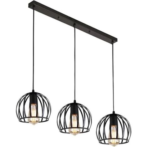 U-Do Lustre Suspension luminaire industrielle design forme cage Métal lustre abat-jour 3 lampes Noir (1/4)