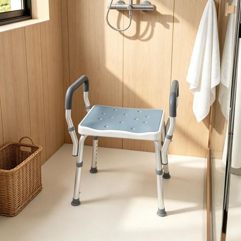 Tabouret de douche pour seniors et personnes à mobilité réduite, avec accoudoirs, réglable en hauteur, pieds antidérapants, siège stable et sécurisé pour la salle de bain (1/5)