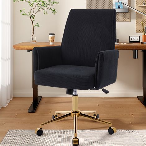 Chaise de bureau pivotante réglable en hauteur, velours côtelé noir, base dorée DESVIAE (1/5)