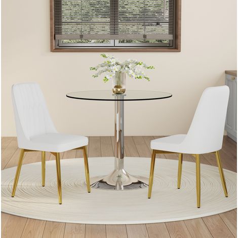 Conjunto de mesa de comedor redonda de vidrio templado 85 cm con 2 sillas PU blanco y oro (1/5)