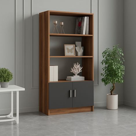 Bücherregal Patty, 3 Regalböden, 2 Türen, freistehend, 64x38x140h cm, Nussbaum braun (1/5)