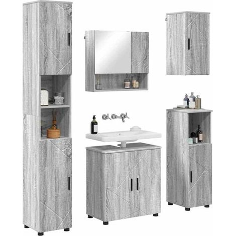 Meuble de Salle de Bain 5 Pièces, Ensemble Complet avec Miroir et Étagère, Couleur Gris Sonoma, Design Moderne et Fonctionnel (1/5)
